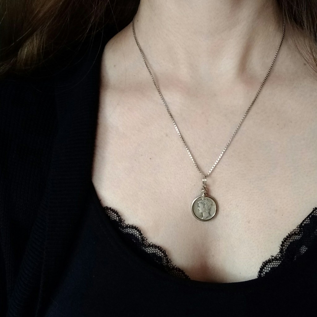 Sterling Silver Box Chain and Sterling Silver Mercury Dime Pendant