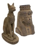 Ancient Egyptian Bastet statue and handmaiden bust statue.