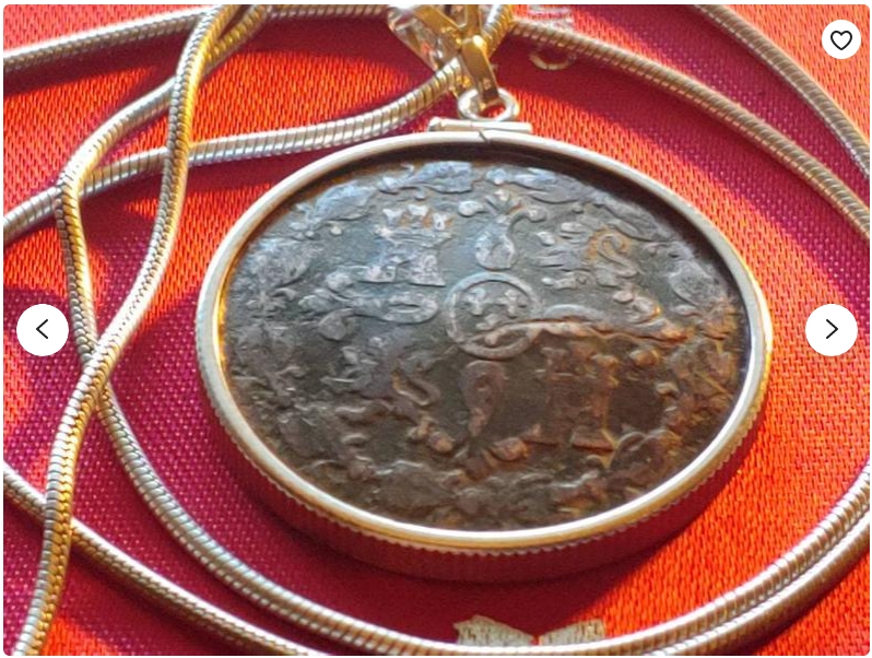 1815 Spanish 8 Maravedis Bronze Sterling Channel Bezel Pendant 29mm on a 20" Italian Sterling Silver Snake Chain