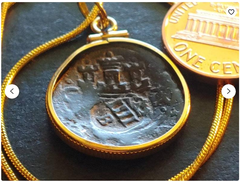 Treasure Coast Recovered 1598 Spanish Colonial Hammered 4 Maravedis Castle & Lion Bronze Coin Pendant on an 18KGF Gold Filled Snake Chain.