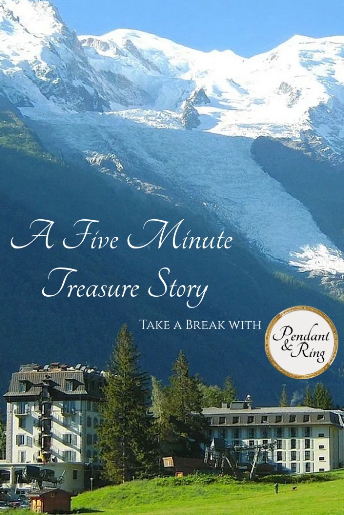 Mont Blanc and village. Emeralds and Rubies treasure story with pendant and ring.