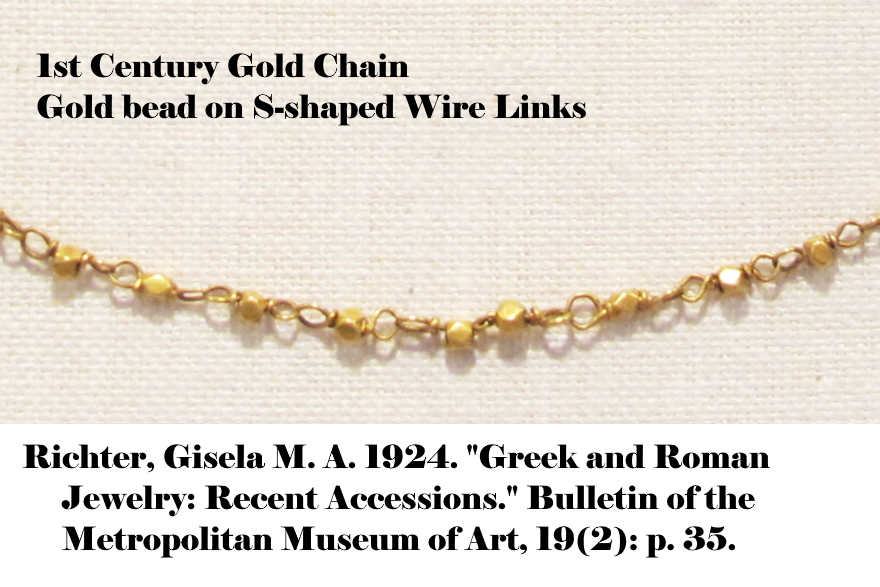 history of jewelry, most iconic jewelry, first century jewelry, gold beads on s-shaped wire links
