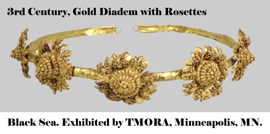 3rd century, gold diadem tiara crown headband with rosettes. history of jewelry, most iconic jewelry, third century jewelry