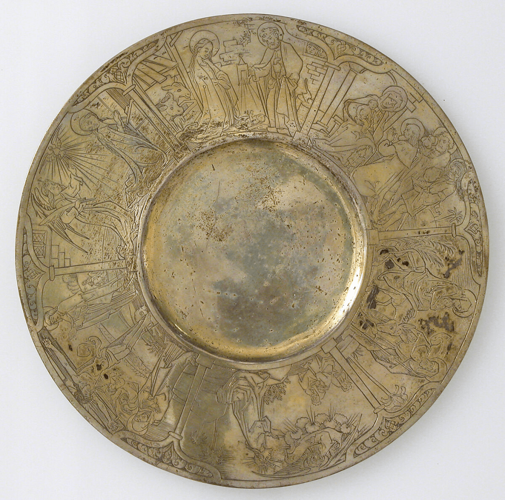 16th century, silver paten with biblical scenes surrounding a recessed center, South Netherlandish, from The Met.