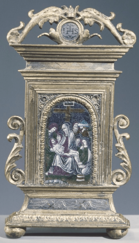 16th-century, Italian, enameled pieta in ornate silver archway surround and frame with exterior filigree details and freestanding base. 
