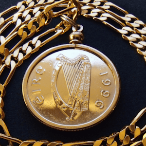 Jewelry birthday present from 1996, Irish harp coin, Birthday coin pendant necklace.